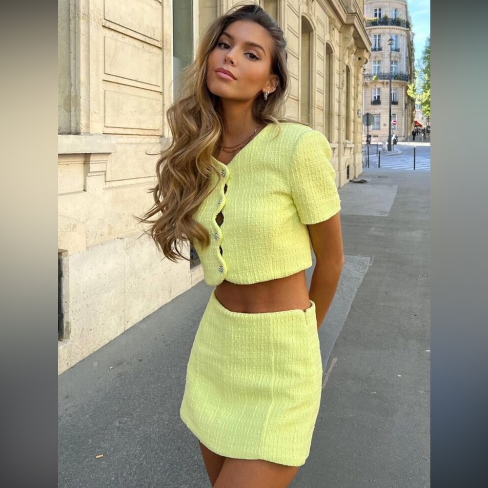 Cropped Button-Front Tweed Mini Skirt Set
